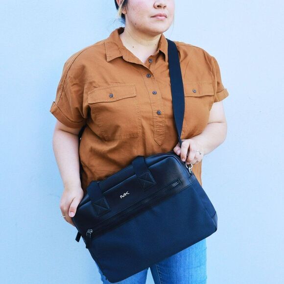 NWT Michael Kors Kent Sport Woven Double Zip Briefcase Navy $495+ - Picture 2 of 16